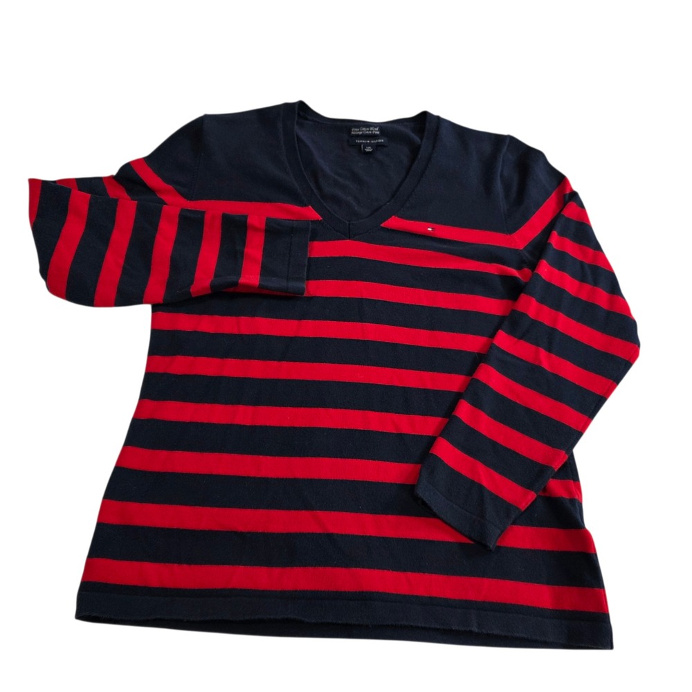Tommy Hilfiger Sweater Womens Red Blue Striped L V-Neck Casual Wear Long Sleeve‎